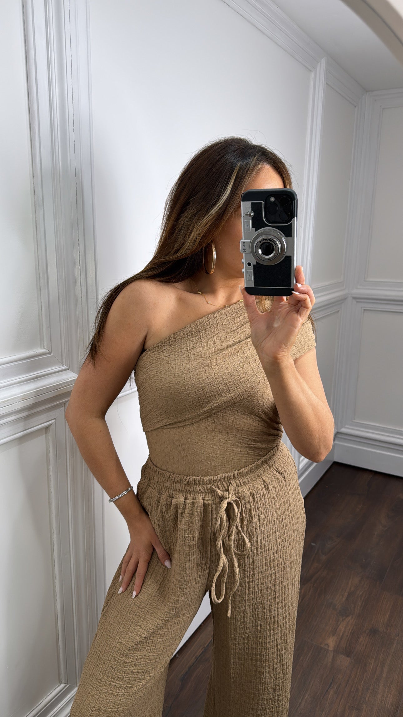 AURORA camel asymmetric crepe trouser co-ord