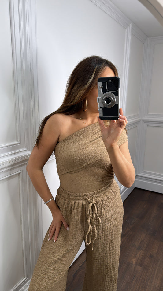 AURORA camel asymmetric crepe trouser co-ord