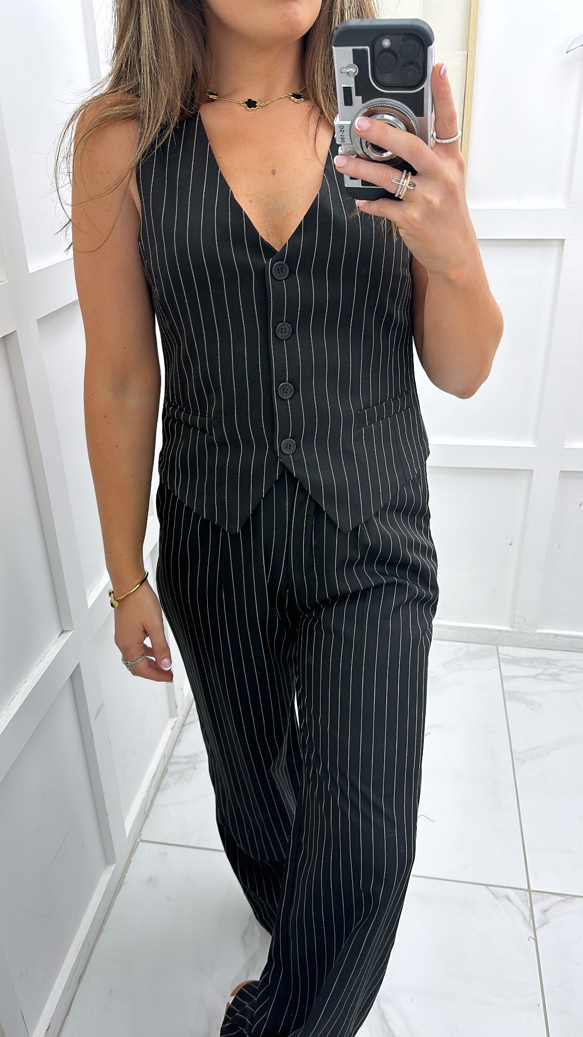 KAYLA black pinstripe waistcoat and trousers co-ord