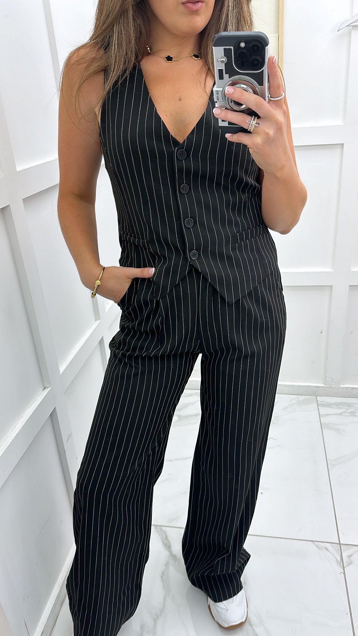 KAYLA black pinstripe waistcoat and trousers co-ord