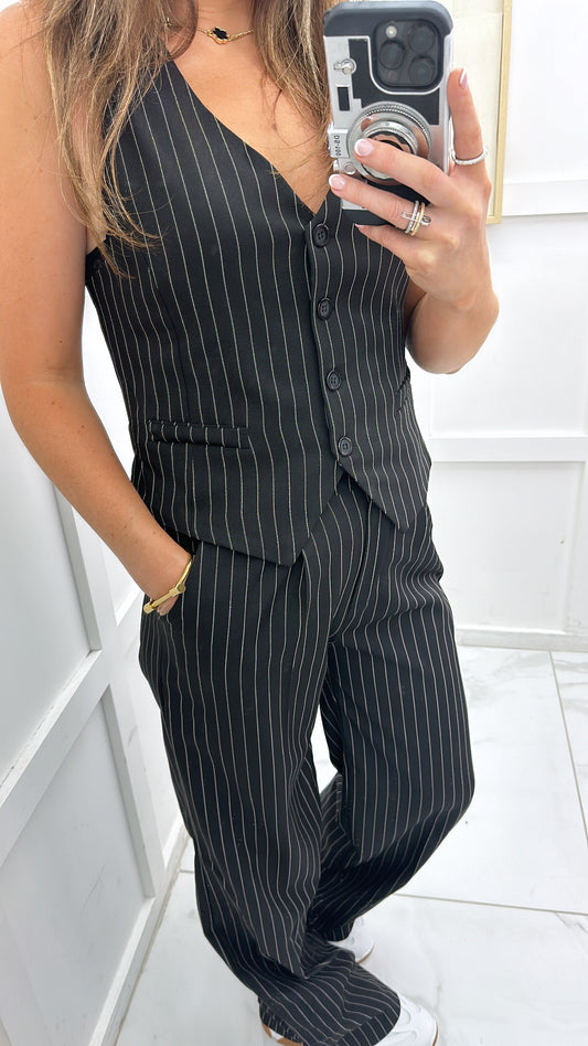 KAYLA black pinstripe waistcoat and trousers co-ord