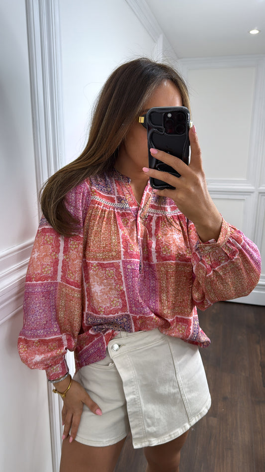 LIBBIE coral multi print smock top