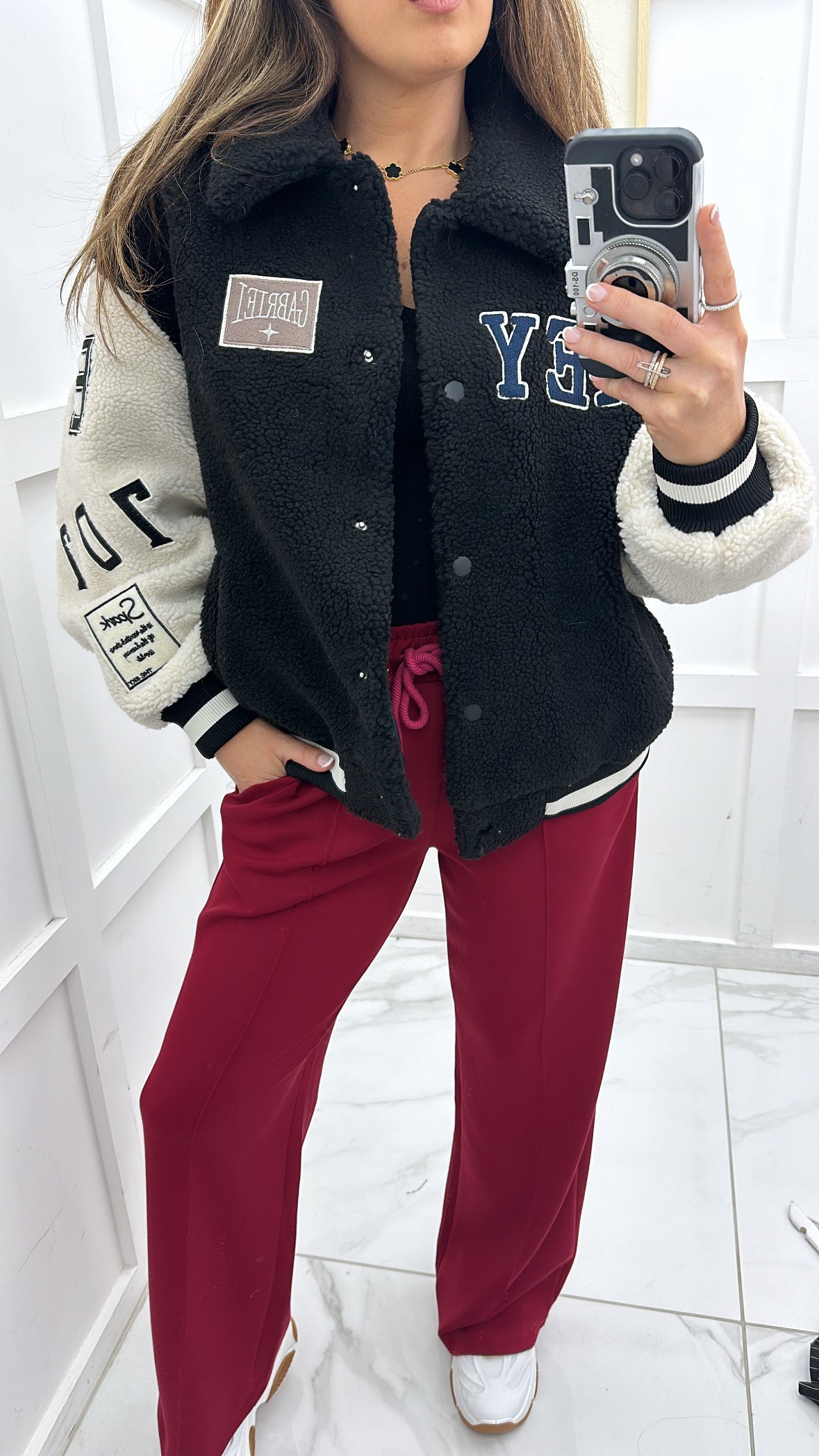 ELLA black fleece baseball jacket