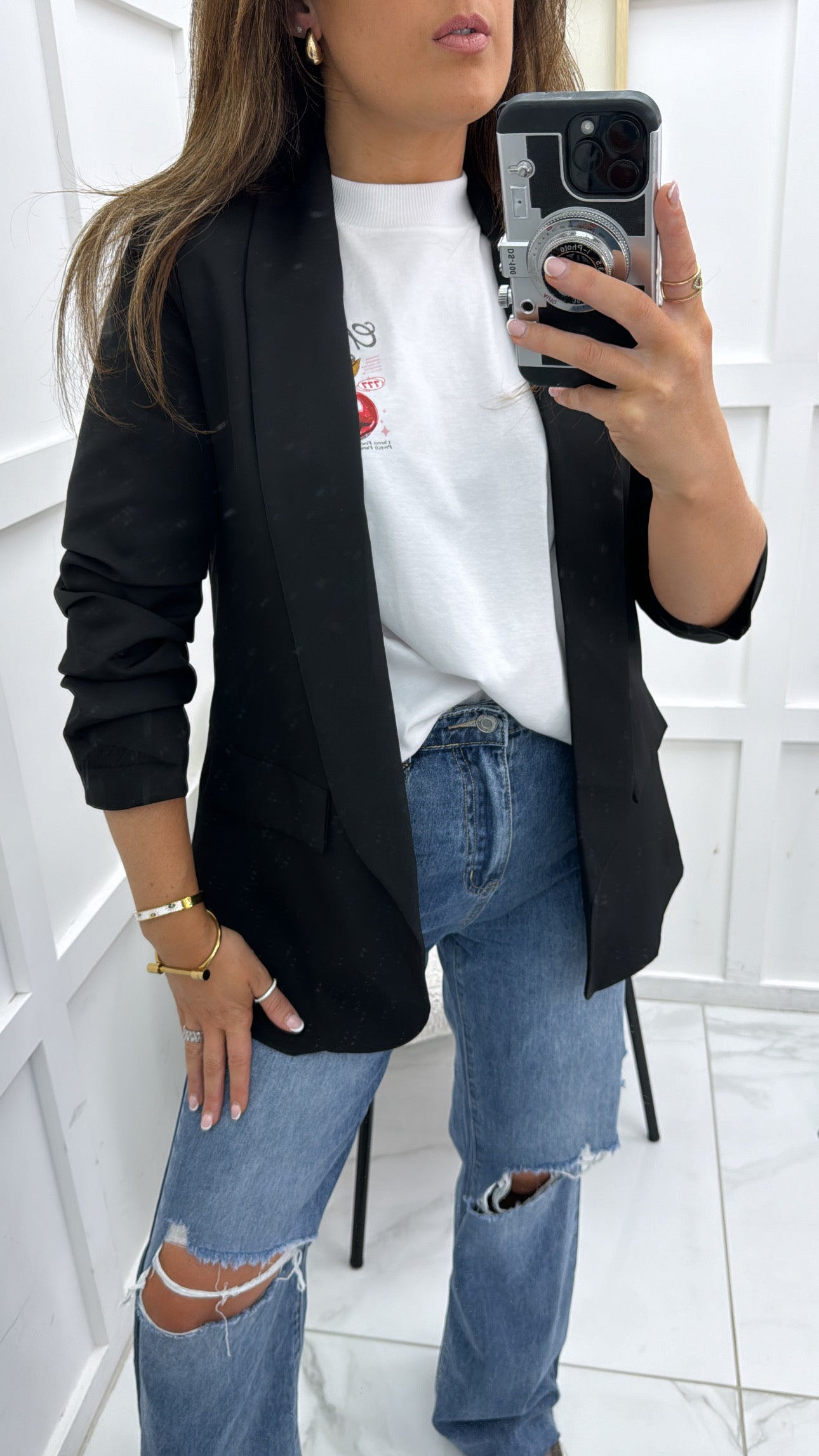 LOUISA black ruched sleeve blazer