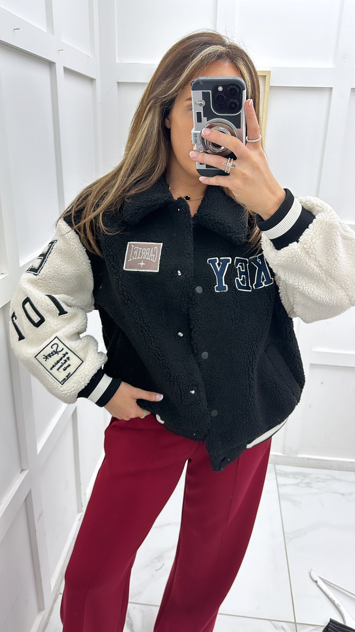 ELLA black fleece baseball jacket