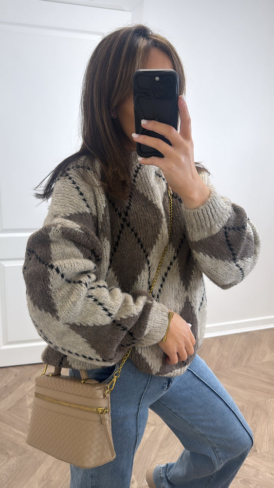 SIA mocha and beige argyle jumper
