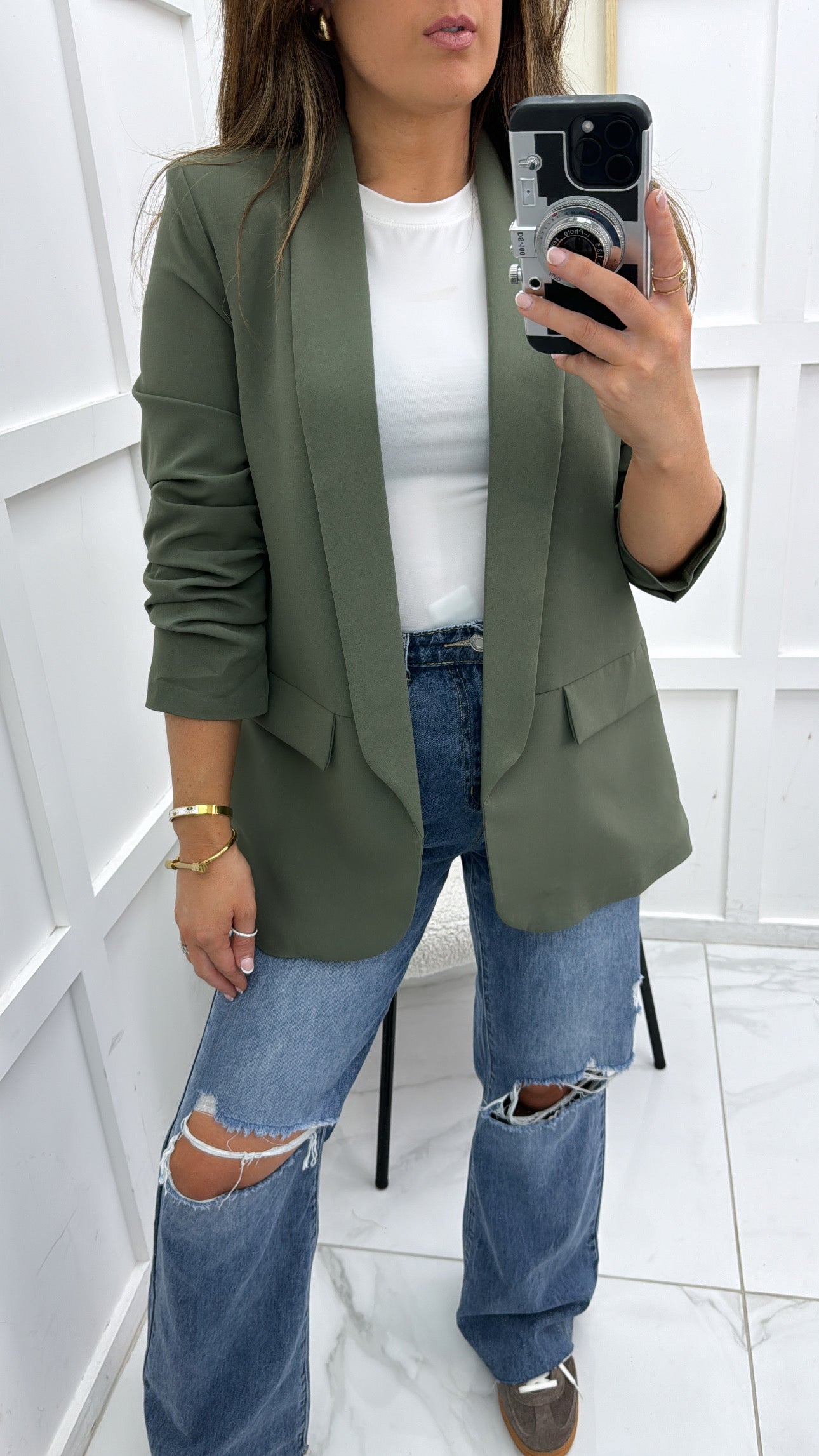 LOUISA khaki ruched sleeve blazer