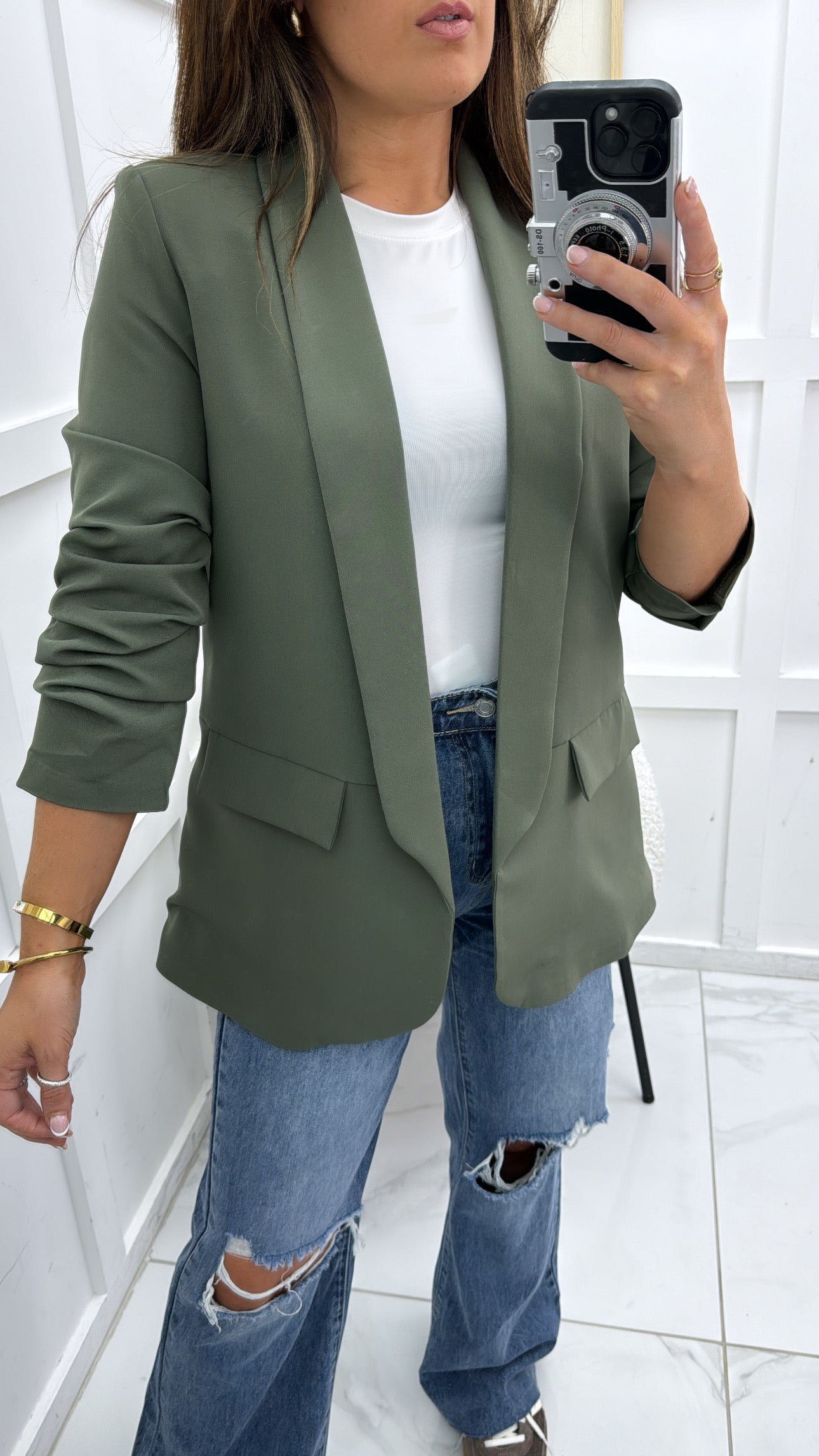 LOUISA khaki ruched sleeve blazer