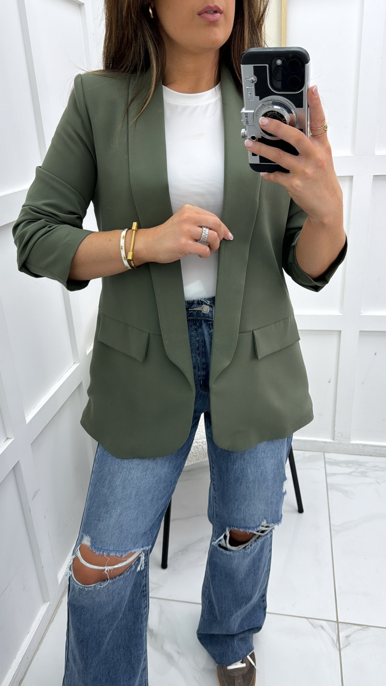 LOUISA khaki ruched sleeve blazer