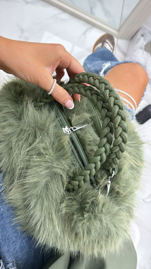 STELLA green faux fur grab bag with plait handles