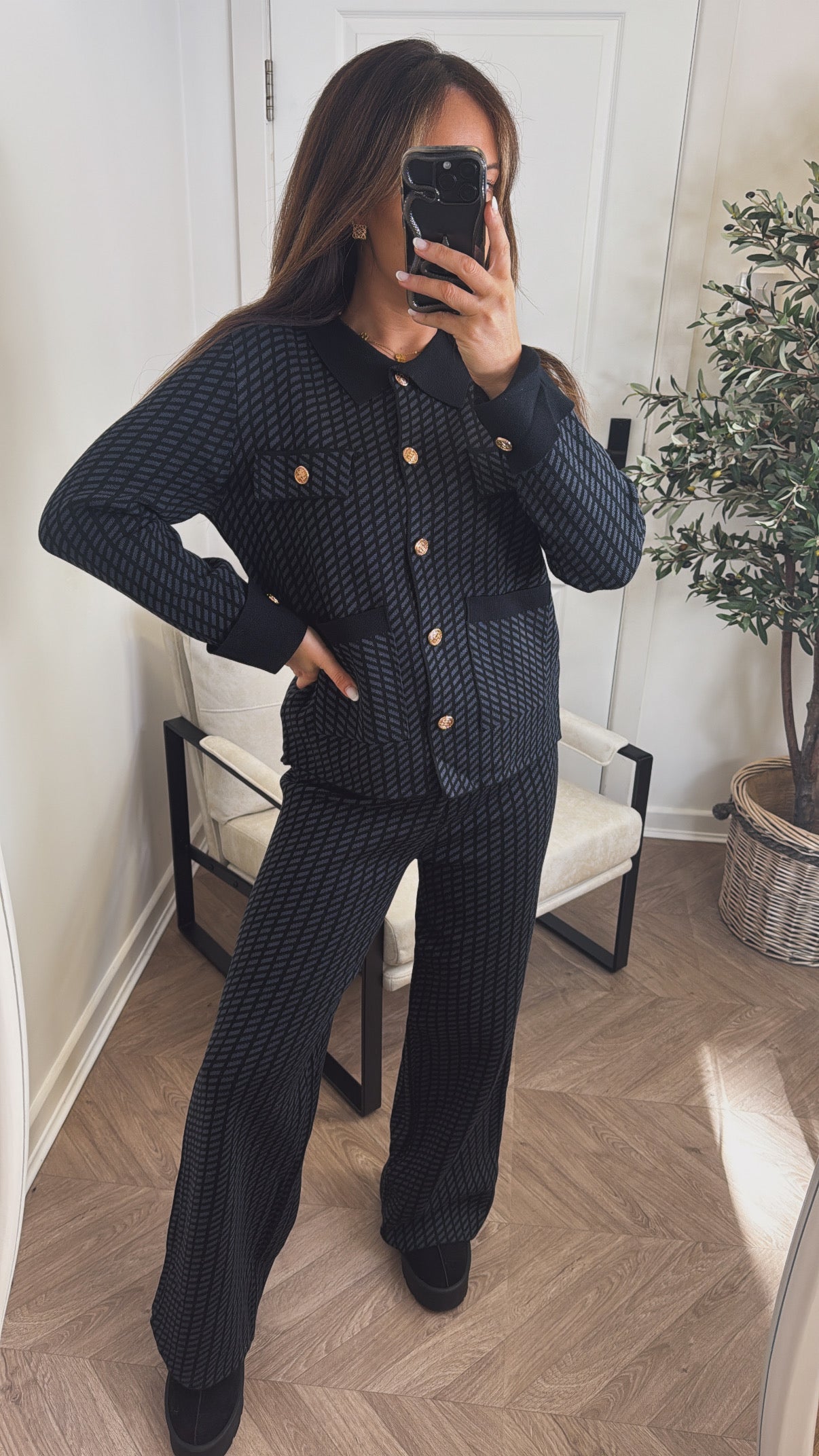 SIENNA black pattern lounge set with gold button detail