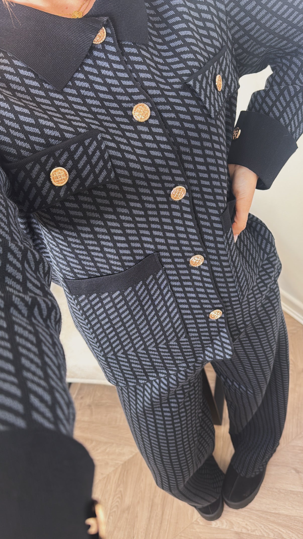 SIENNA black pattern lounge set with gold button detail