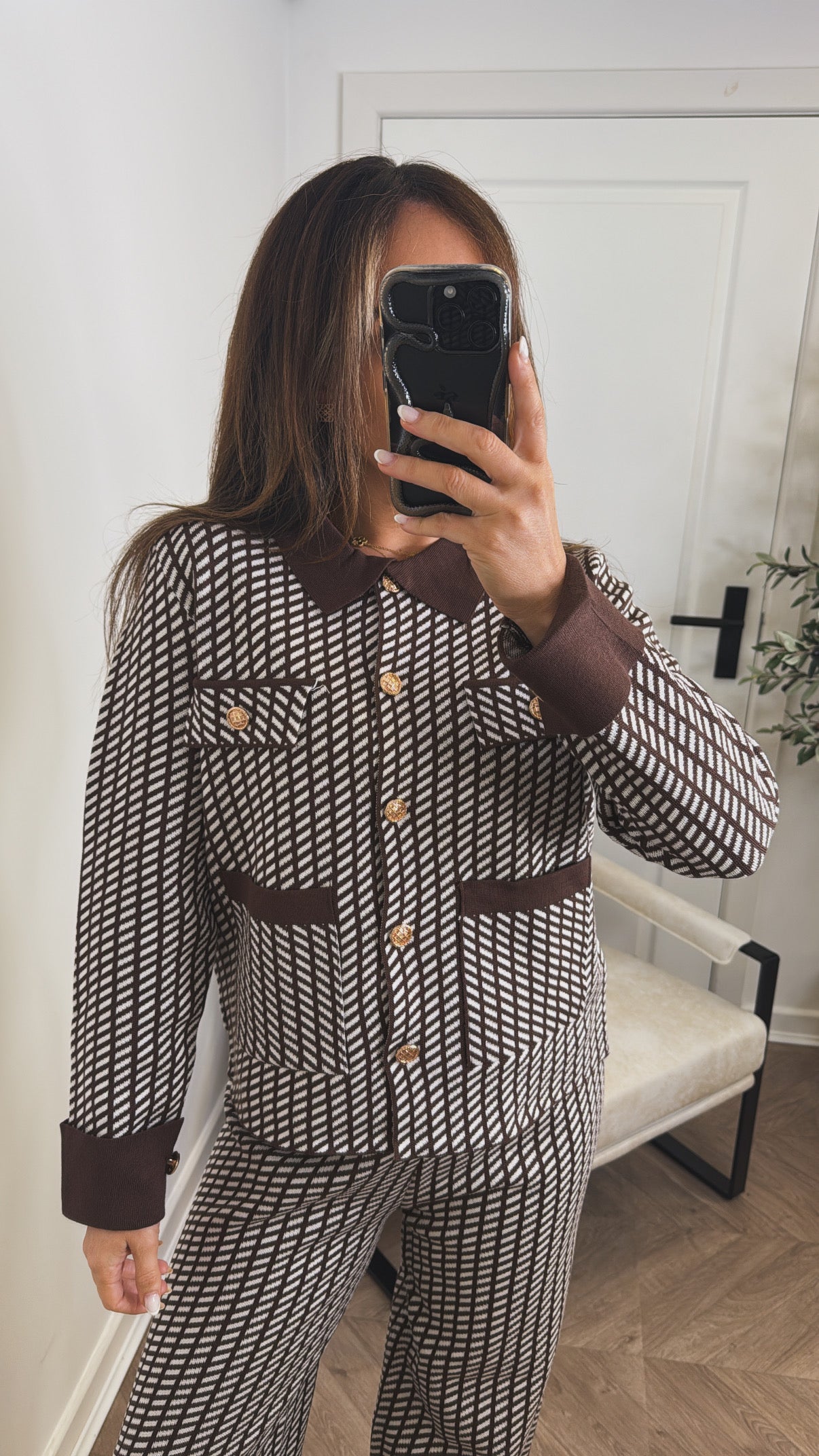 SIENNA brown pattern lounge set with gold button detail