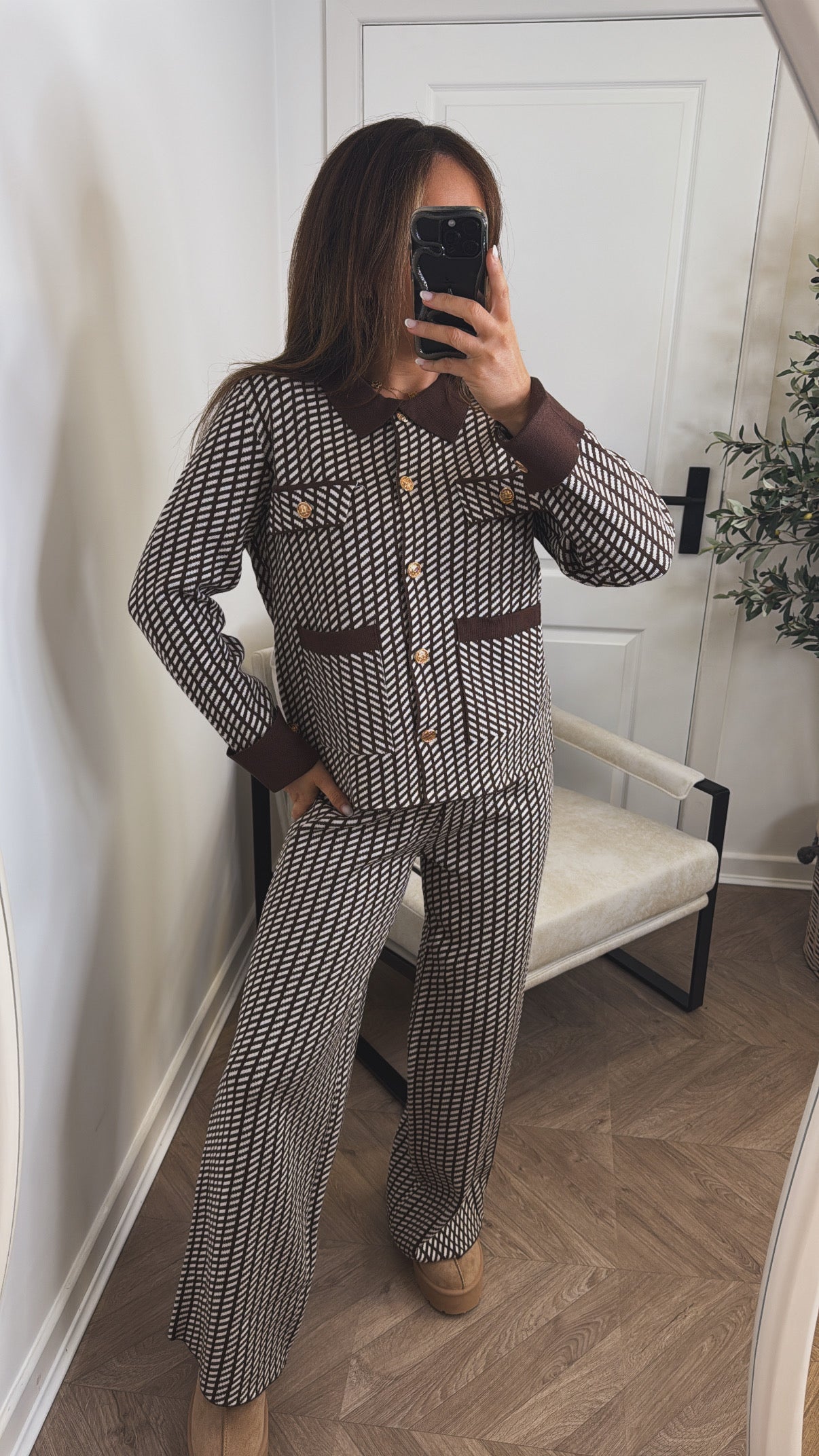 SIENNA brown pattern lounge set with gold button detail