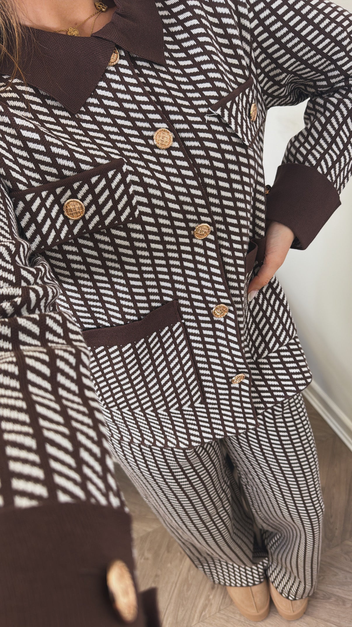 SIENNA brown pattern lounge set with gold button detail
