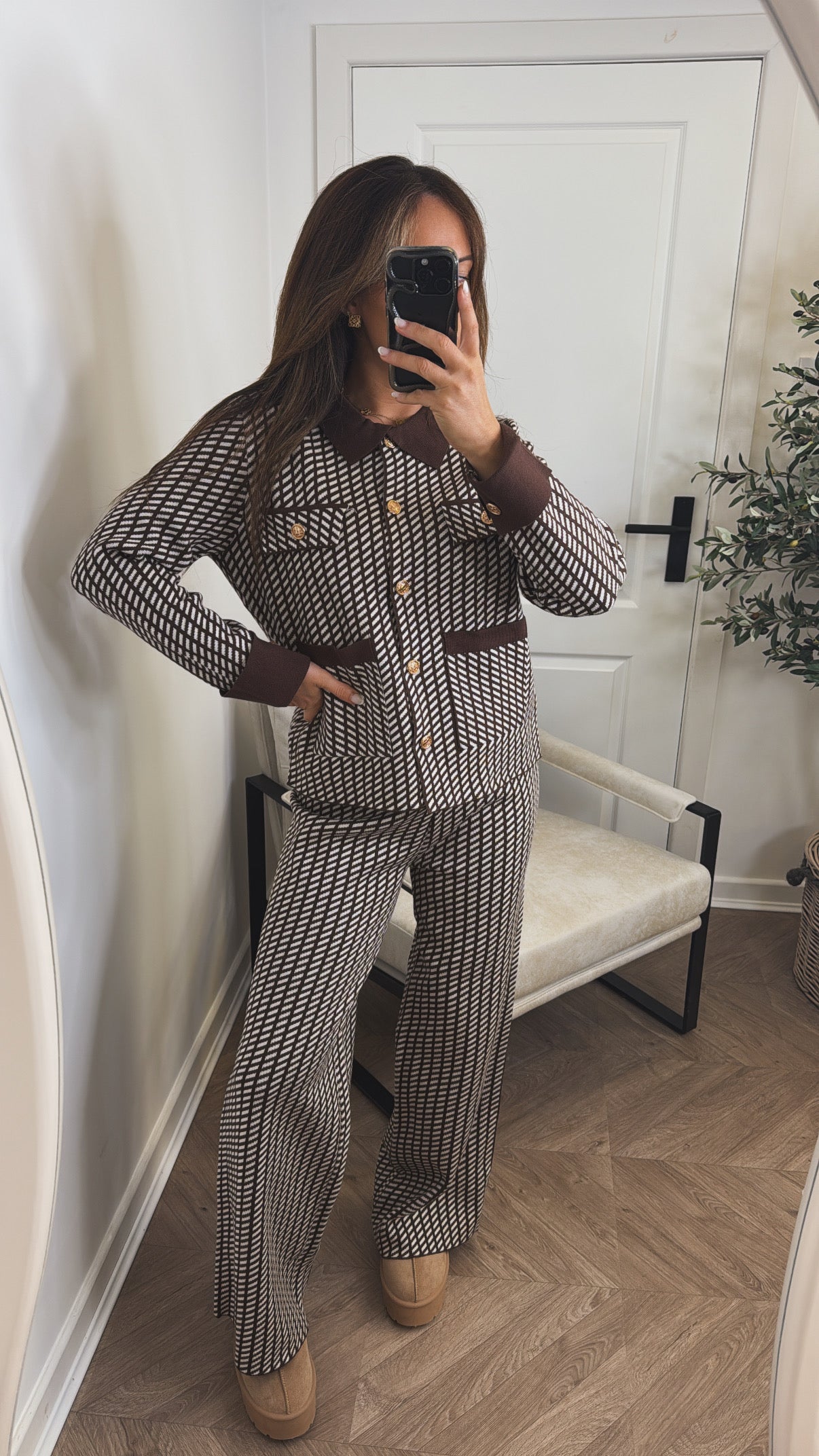 SIENNA brown pattern lounge set with gold button detail