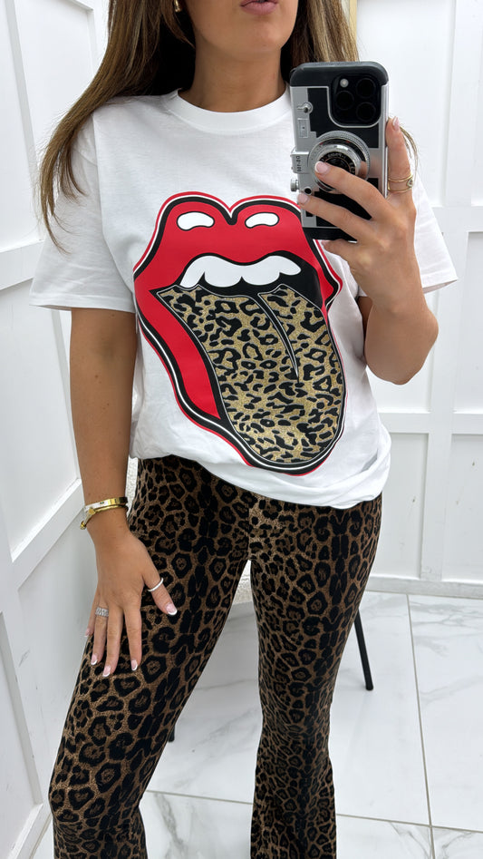 LAYLA white t-shirt with leopard print and red lips