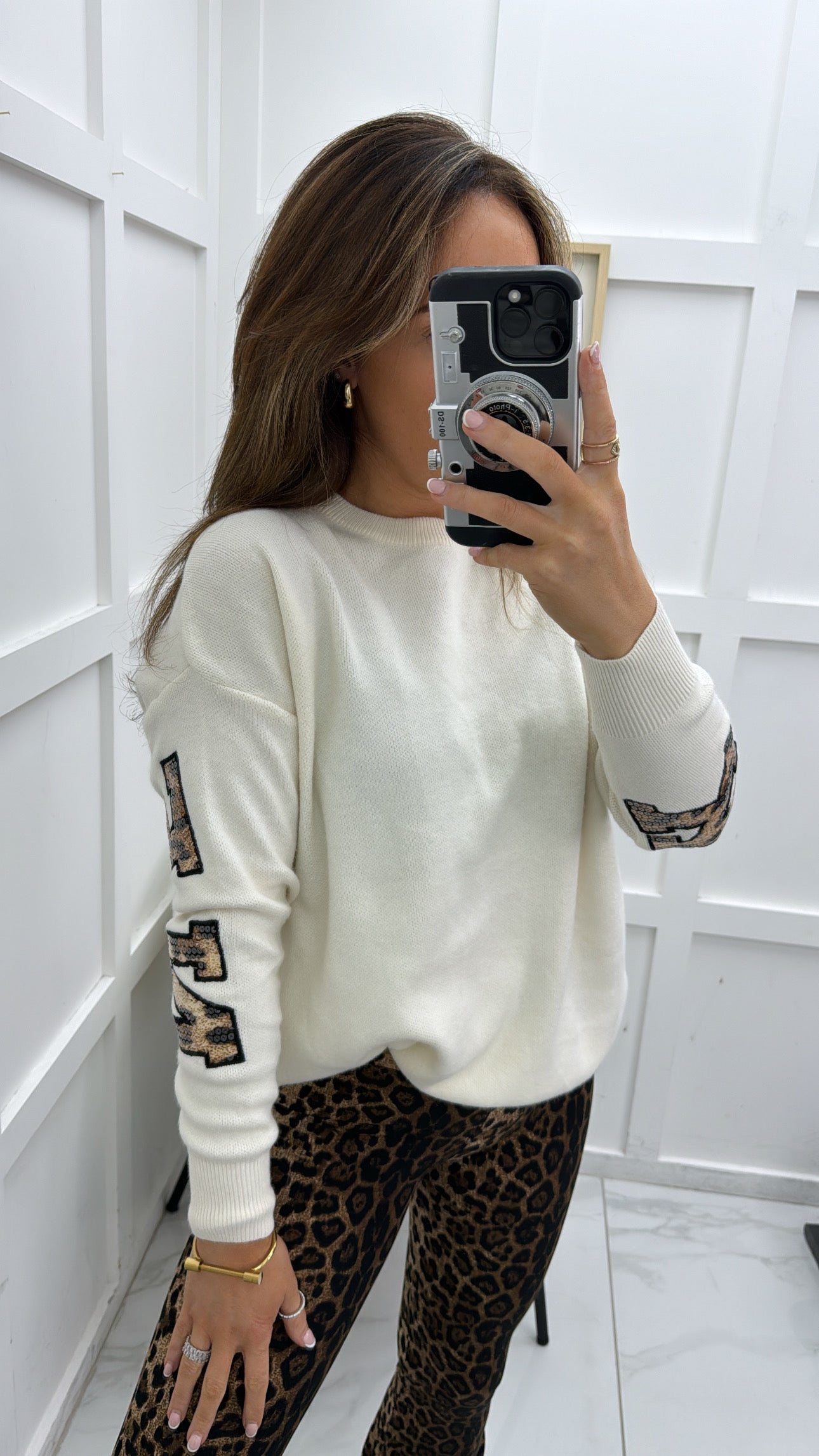 ALYSHA cream knit jumper with leopard print new york slogan