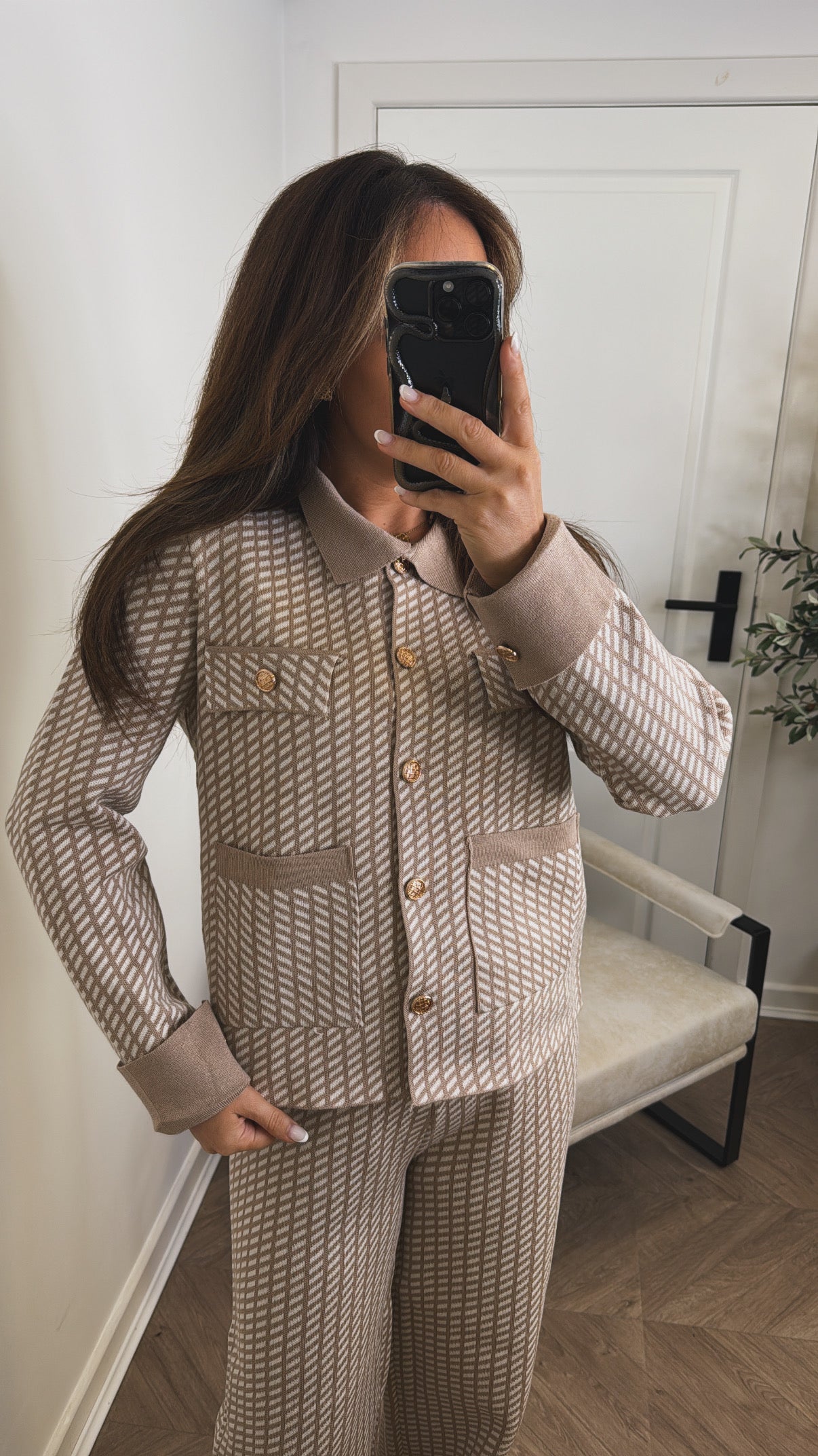 SIENNA beige pattern lounge set with gold button detail