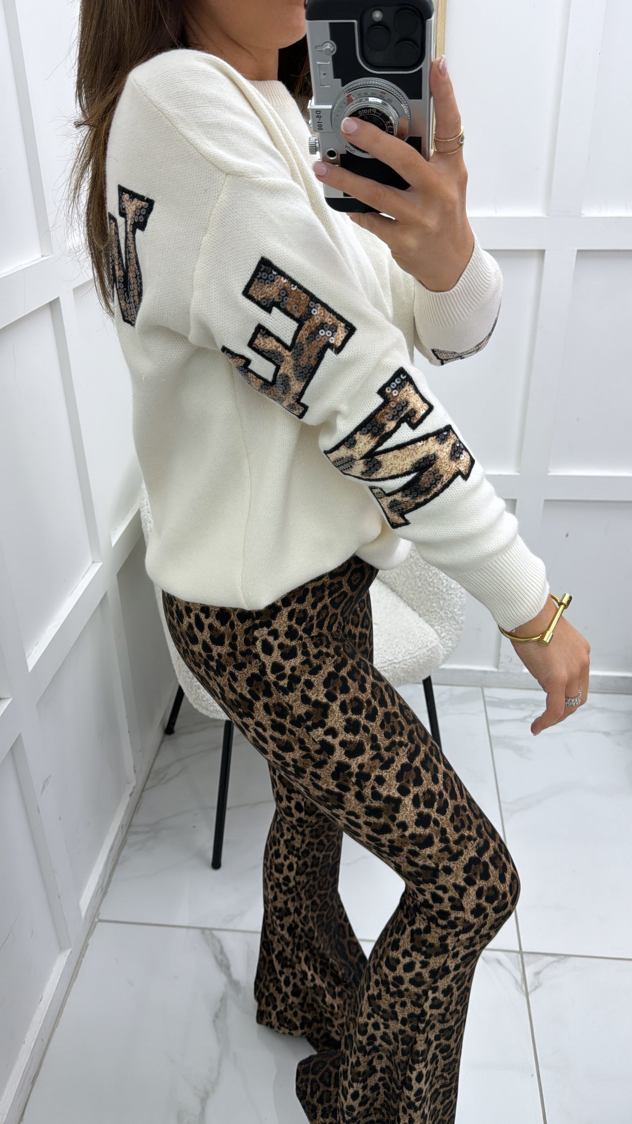 ALYSHA cream knit jumper with leopard print new york slogan