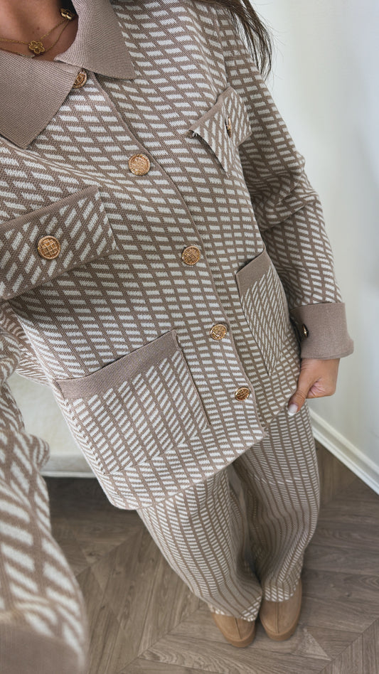 SIENNA beige pattern lounge set with gold button detail