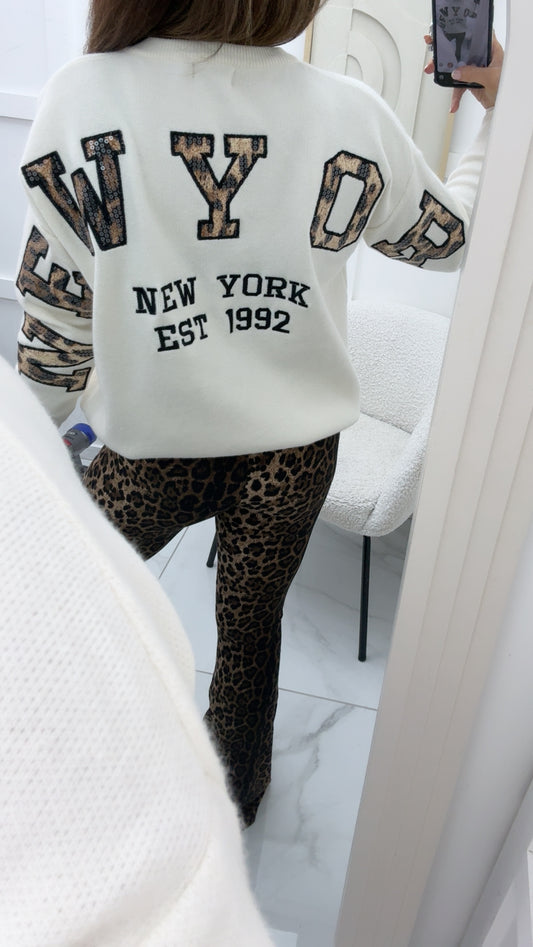 ALYSHA cream knit jumper with leopard print new york slogan