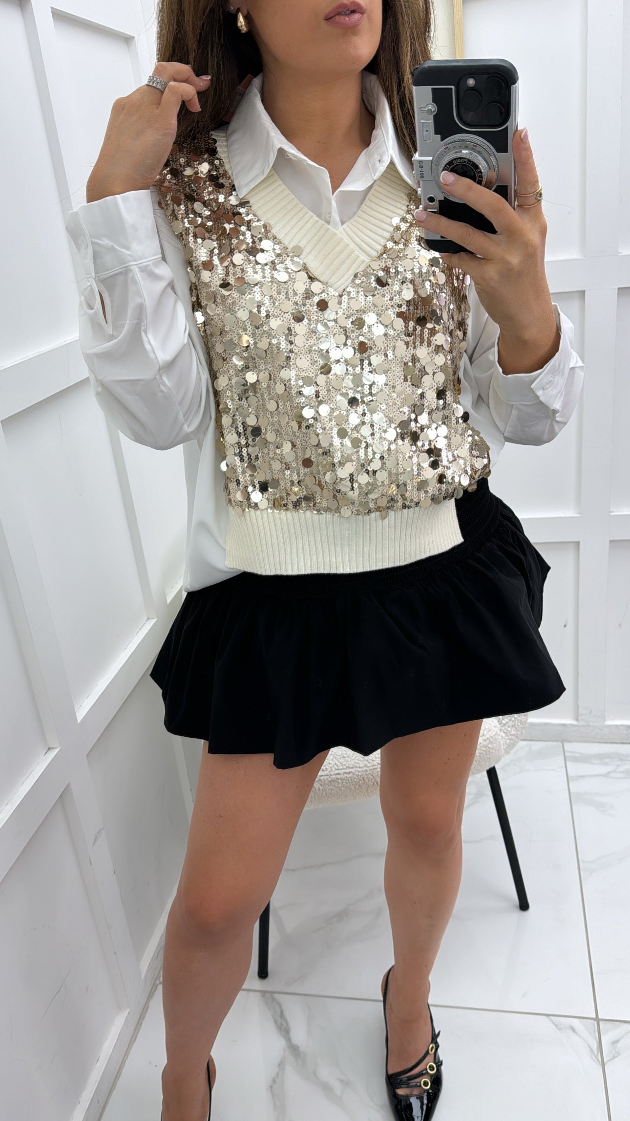 AMAYA white shirt with gold sequin tank overlay