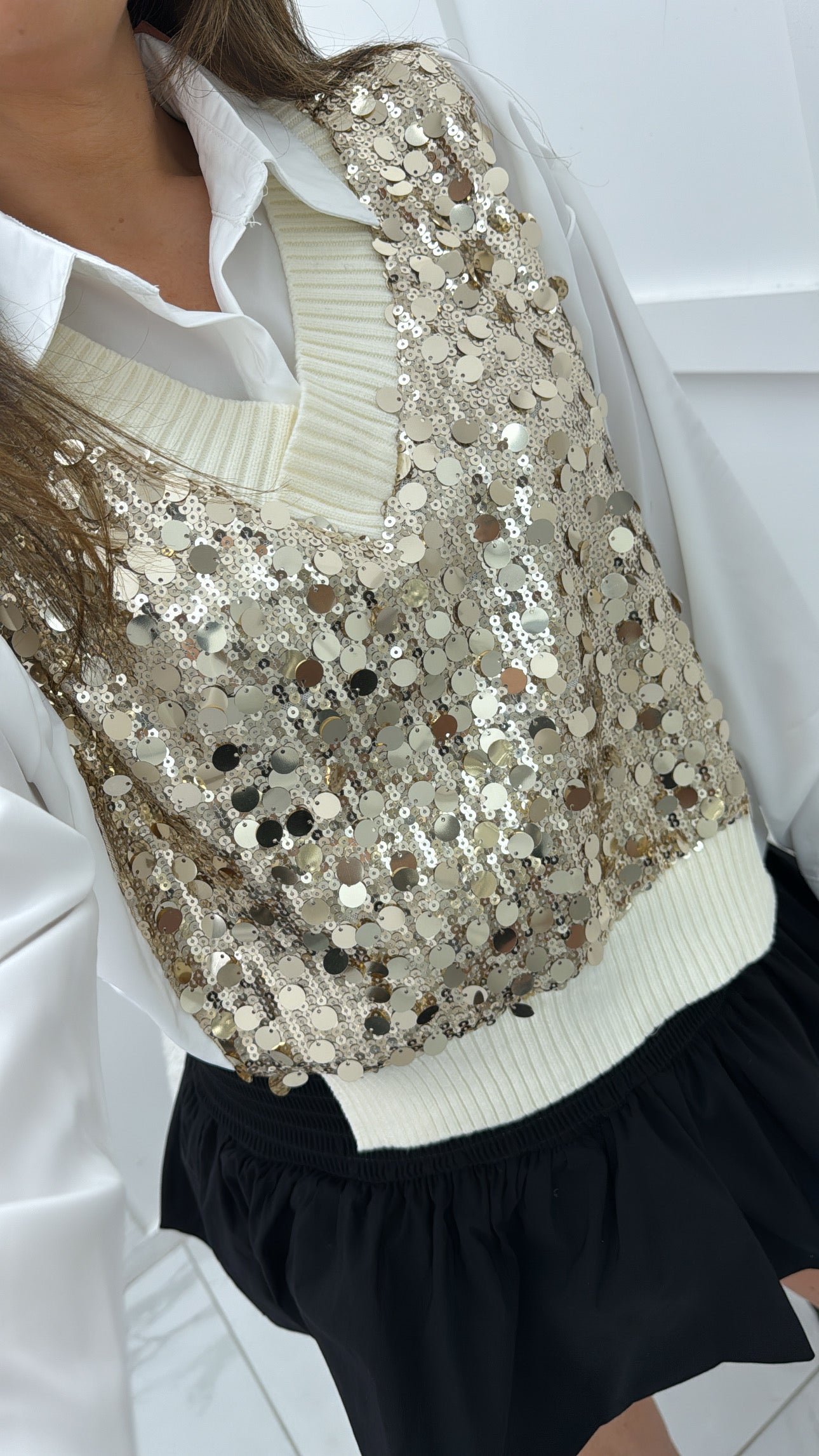 AMAYA white shirt with gold sequin tank overlay