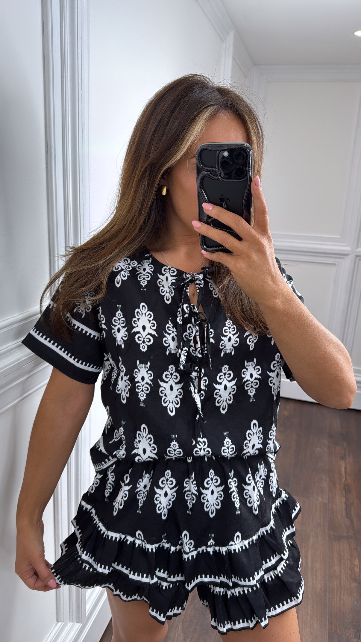 RAYA black baroque print frill shorts co-ord