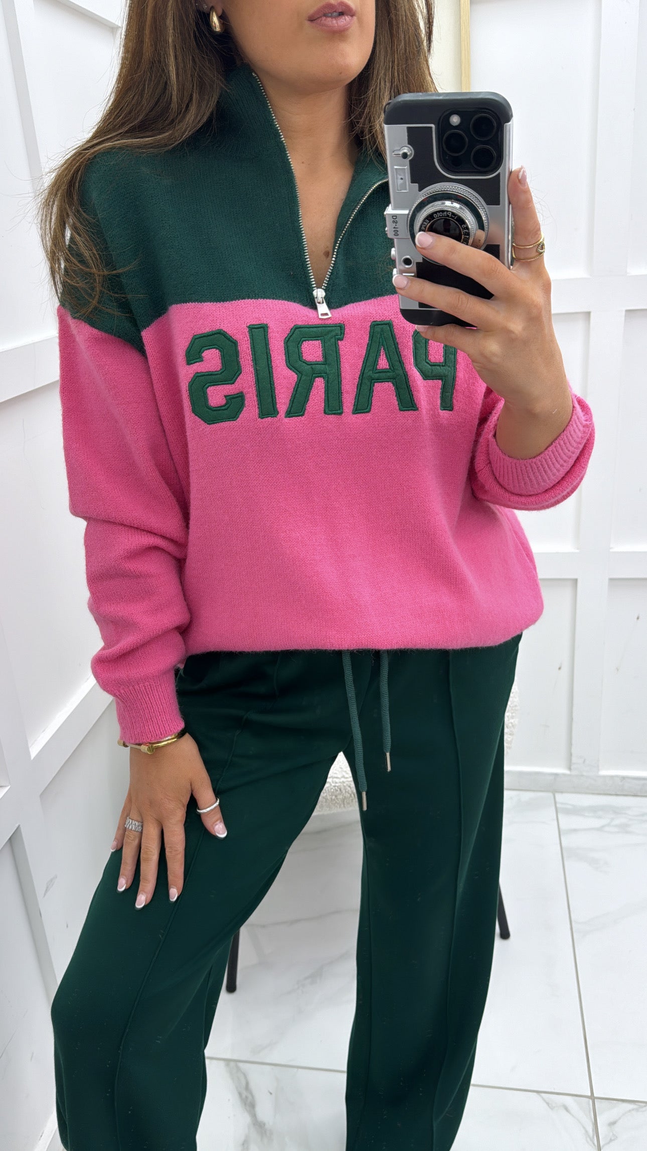 PARIS green and pink half zip sweater