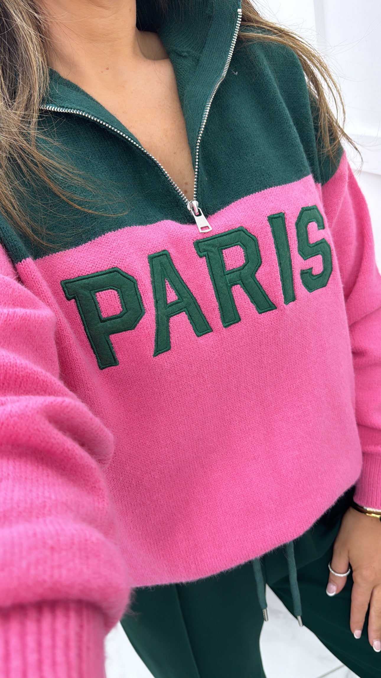 PARIS green and pink half zip sweater