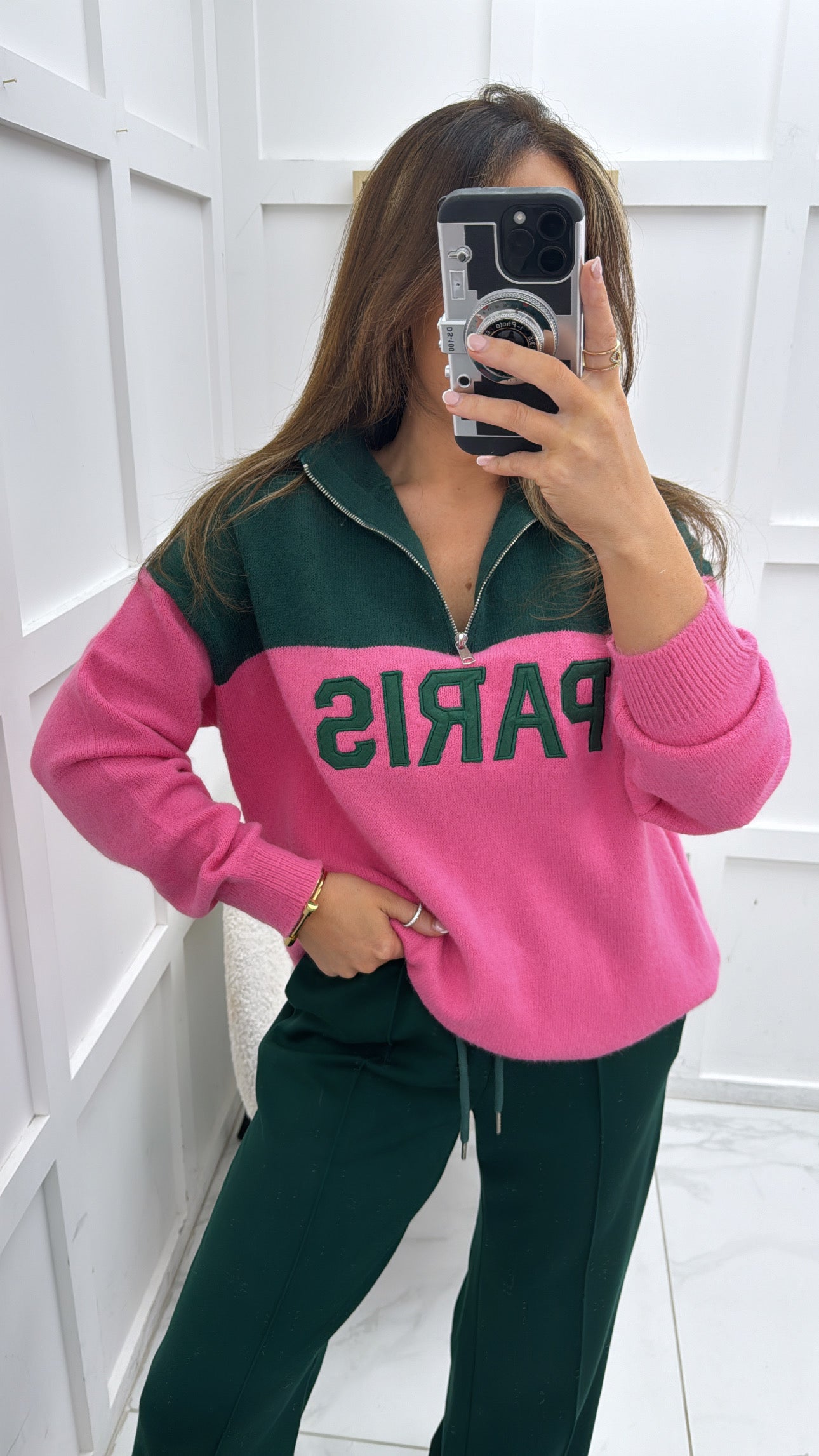 PARIS green and pink half zip sweater