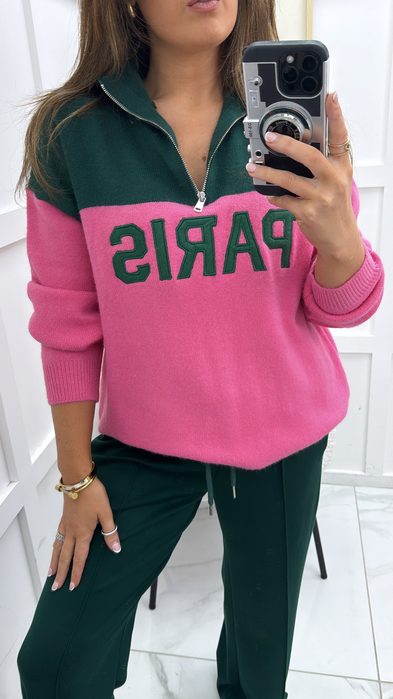 PARIS green and pink half zip sweater