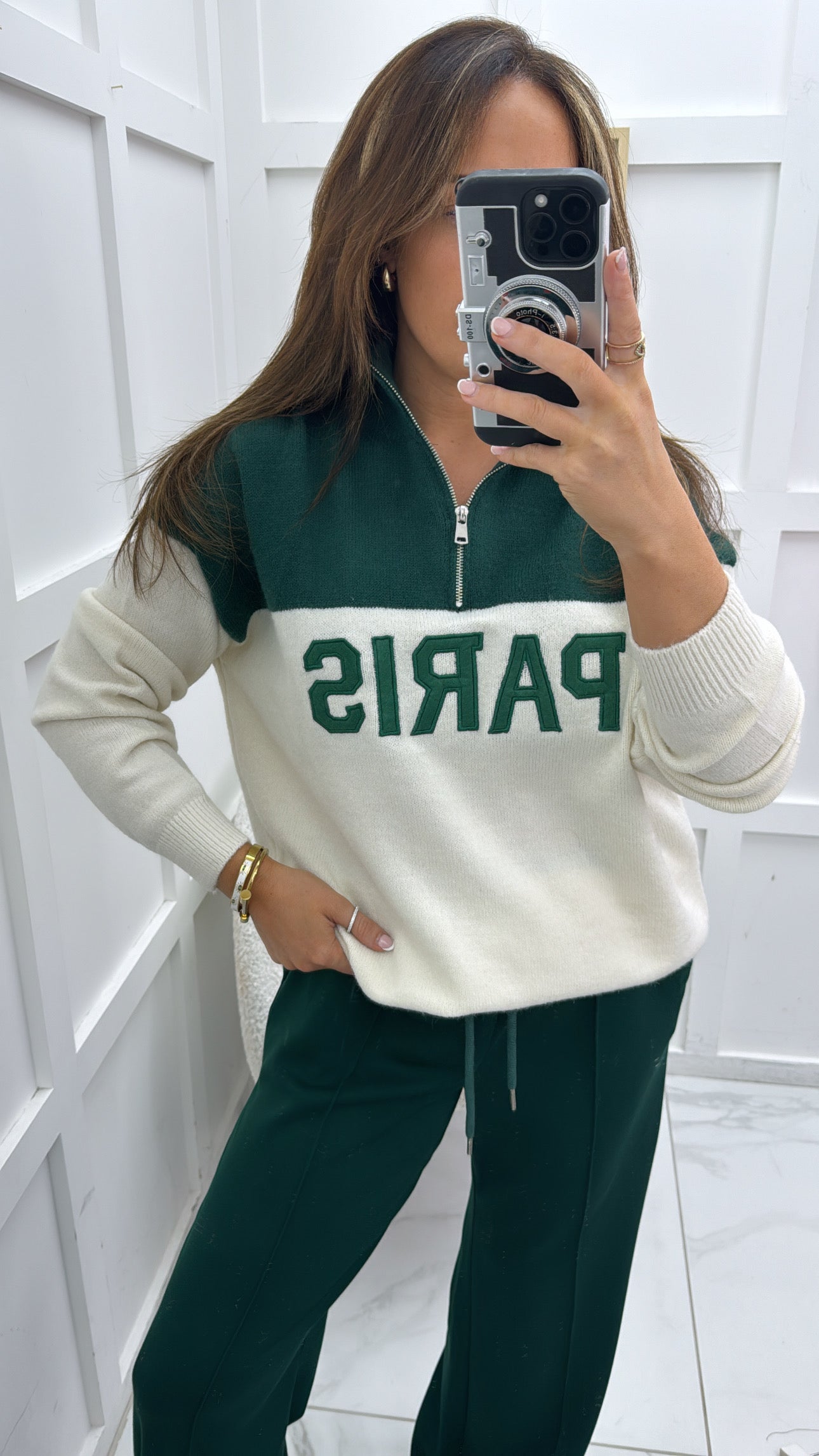 PARIS green and cream half zip sweater