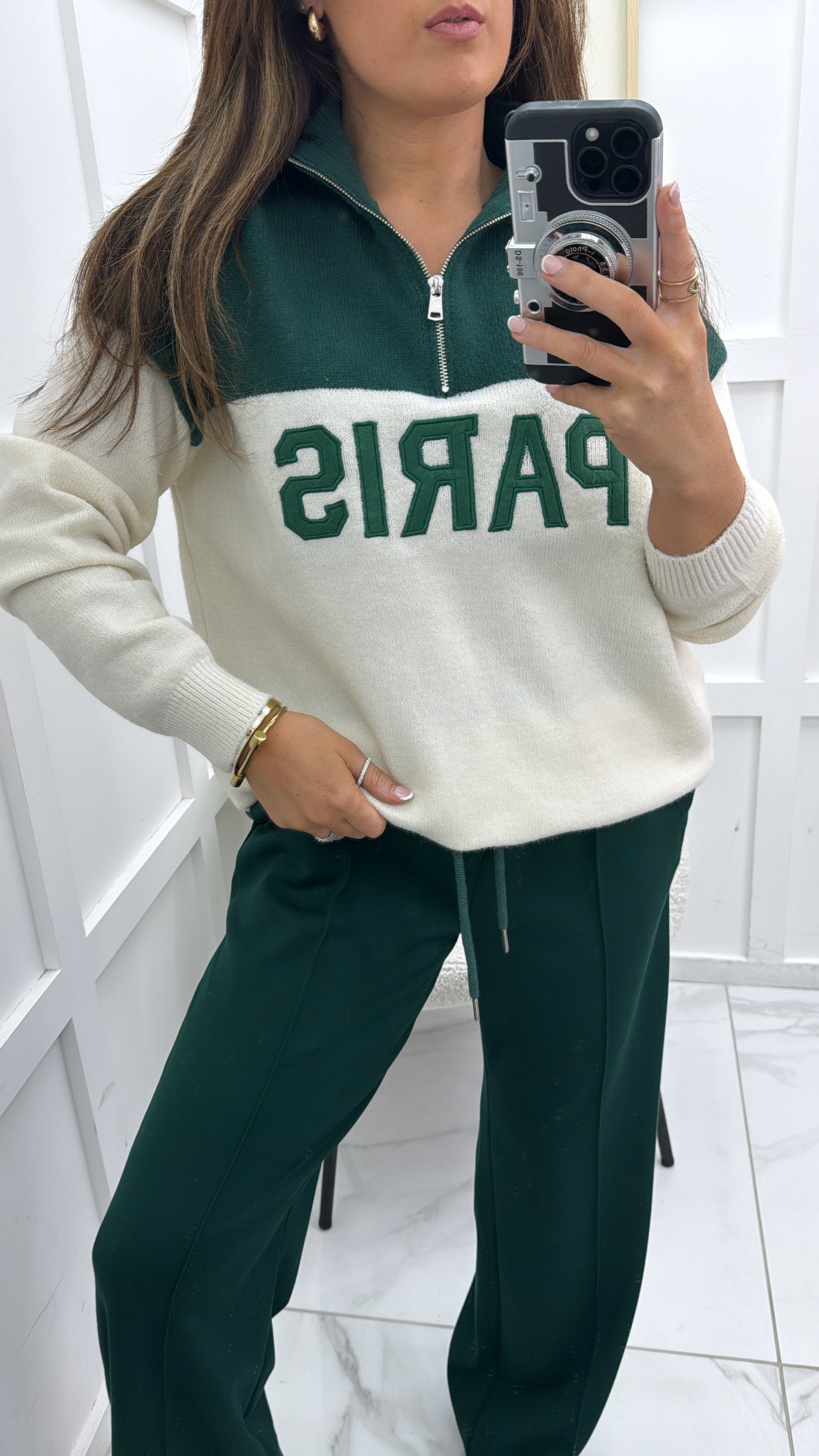 PARIS green and cream half zip sweater