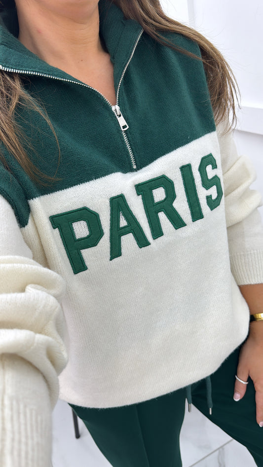 PARIS green and cream half zip sweater