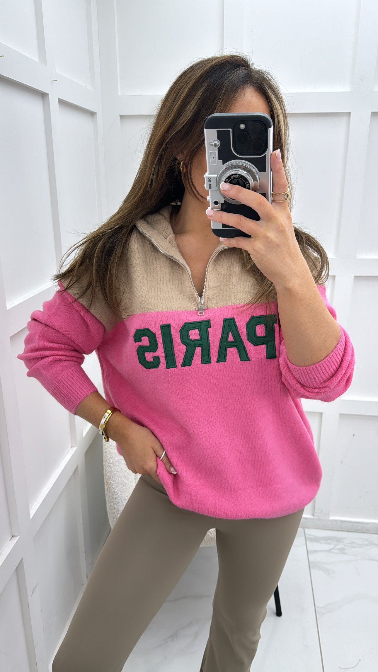 PARIS beige and pink half zip sweater