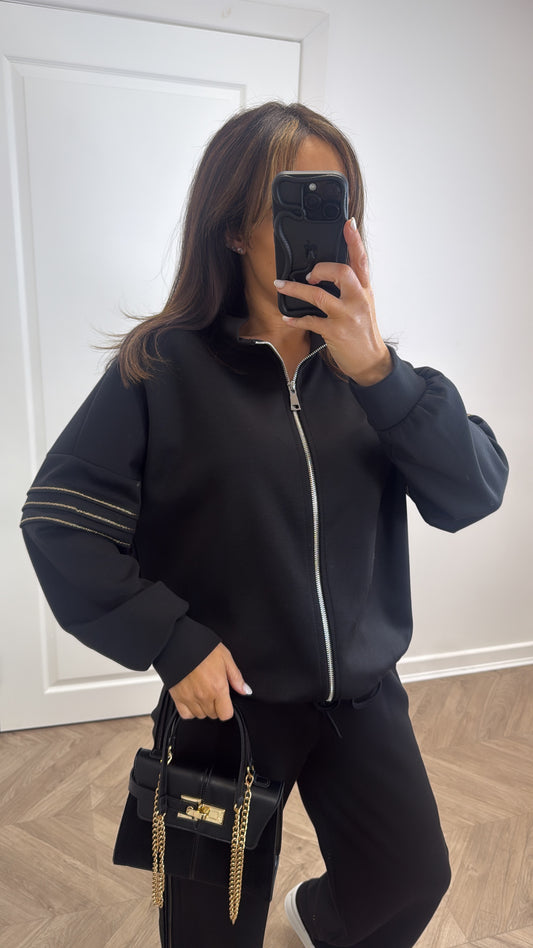 CHLOE black zip up jacket and wide leg joggers tracksuit setu