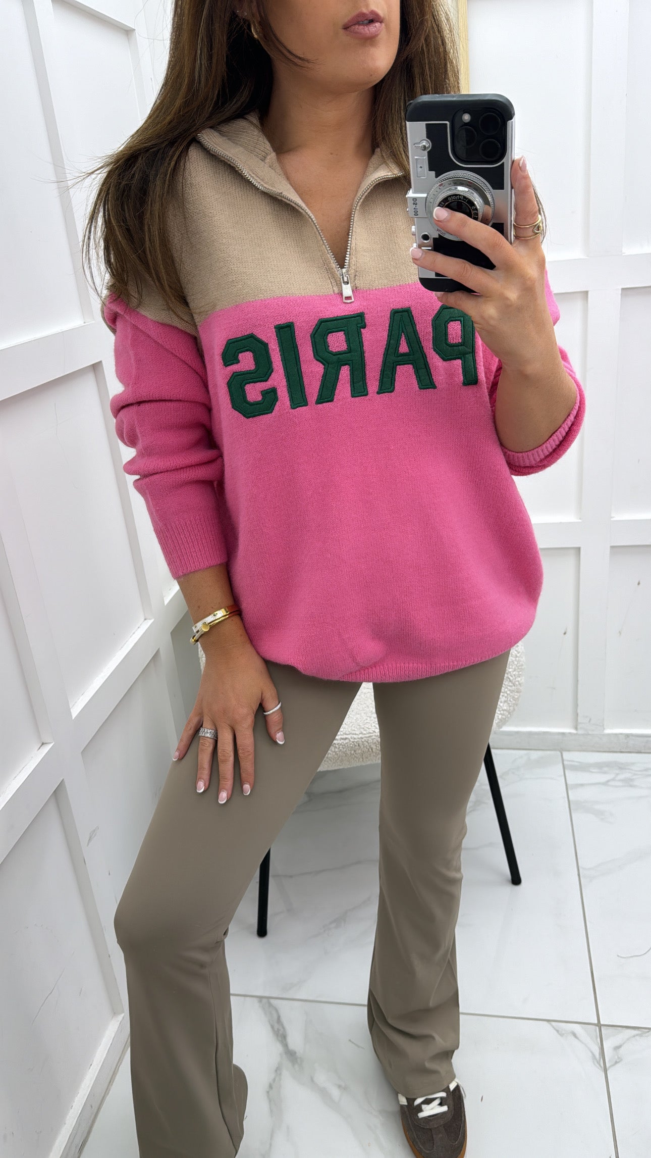 PARIS beige and pink half zip sweater