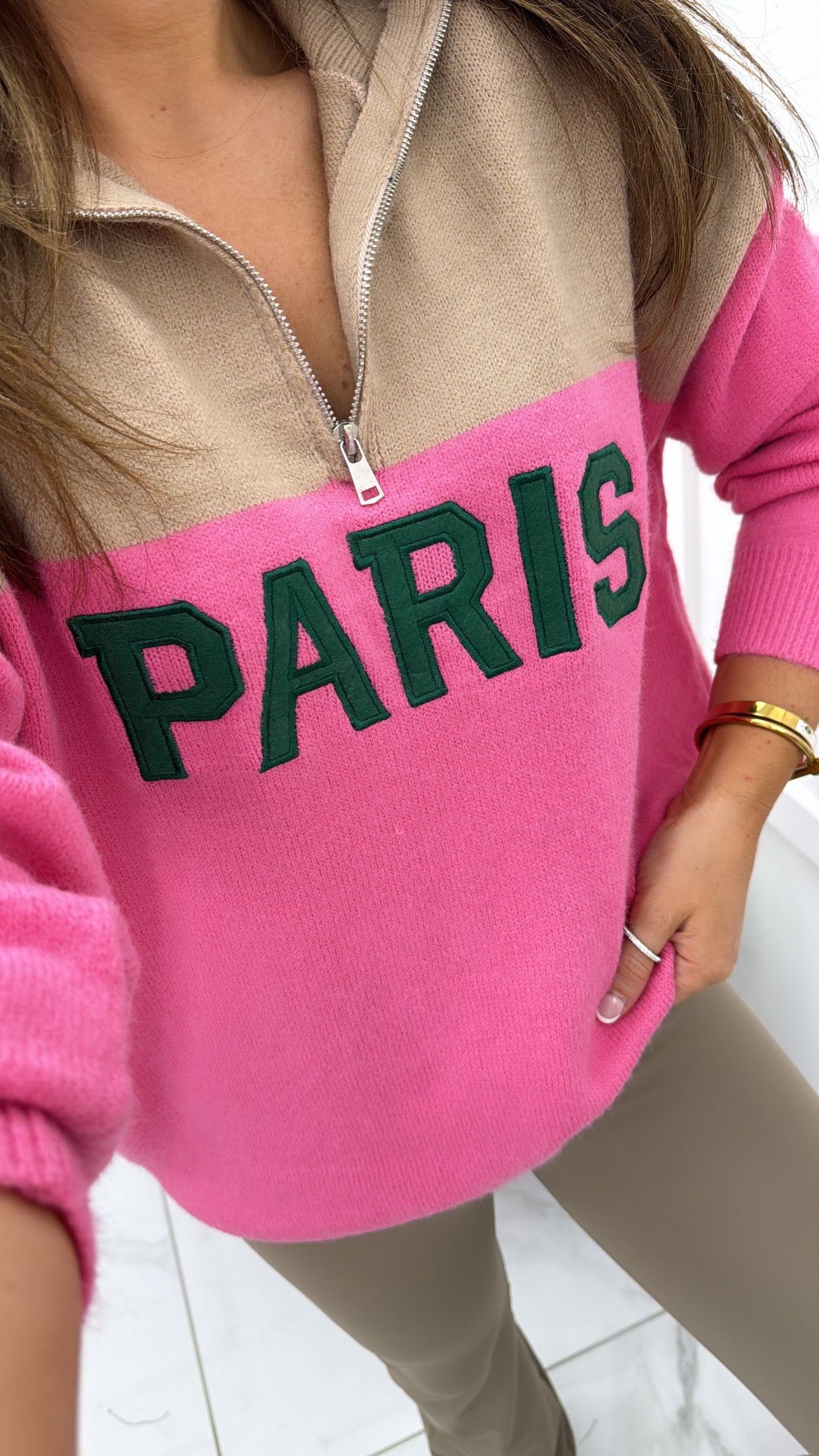 PARIS beige and pink half zip sweater