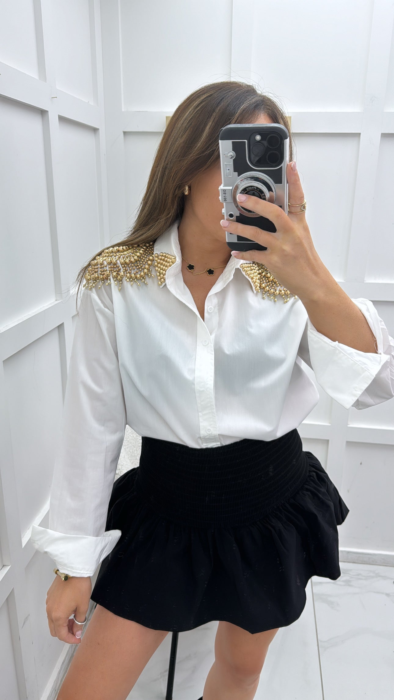 CARMEN white shirt with luxe gold beaded embellishment