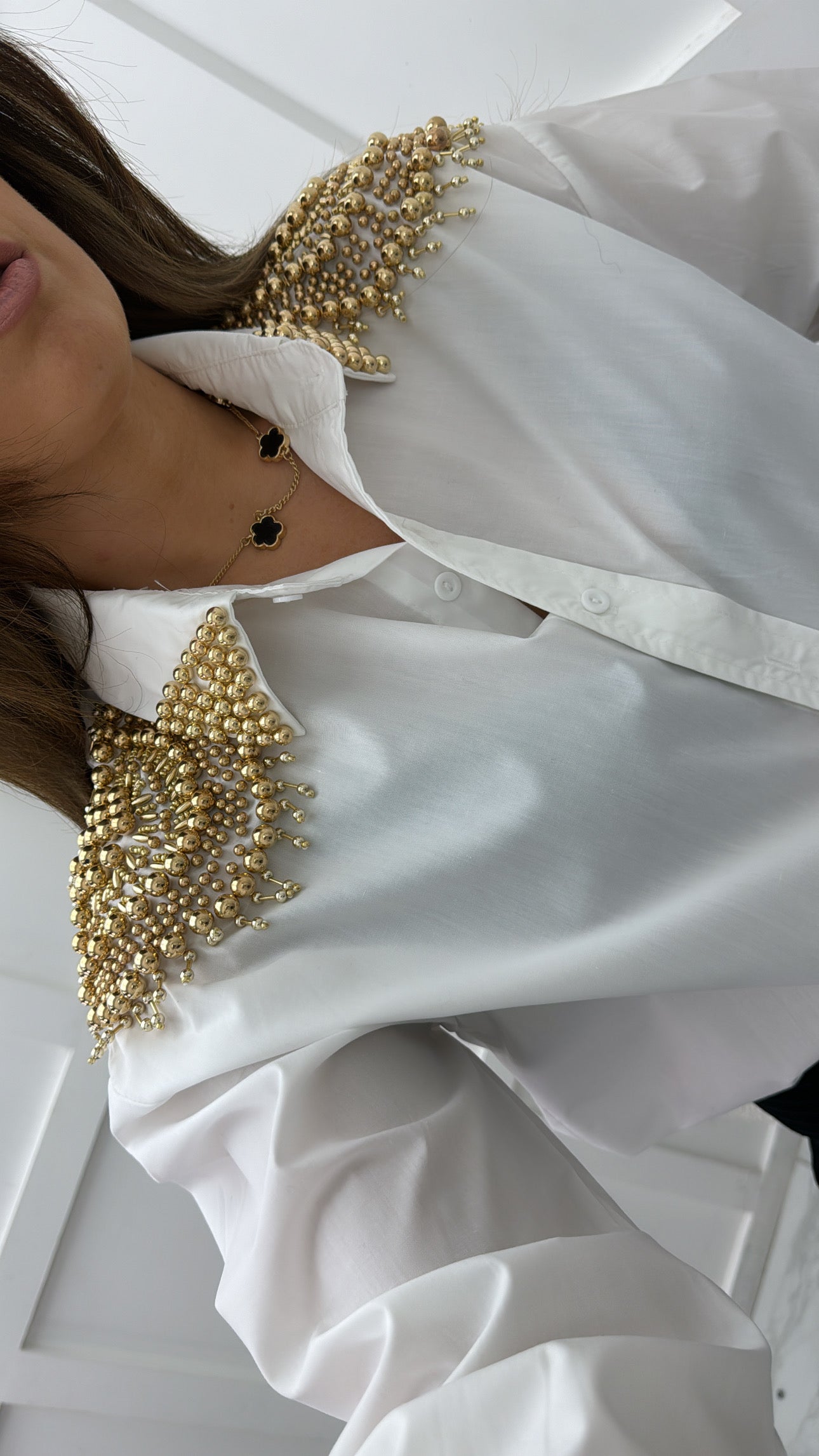 CARMEN white shirt with luxe gold beaded embellishment