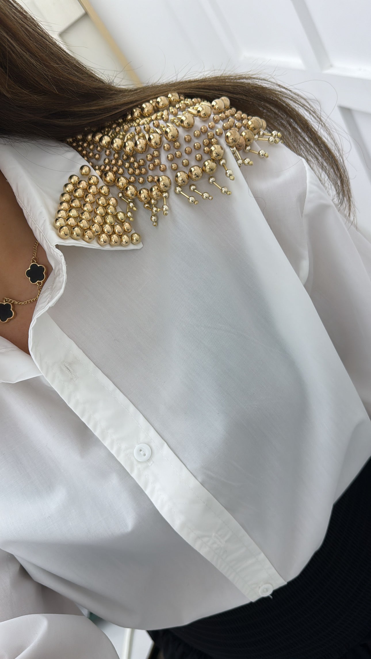 CARMEN white shirt with luxe gold beaded embellishment