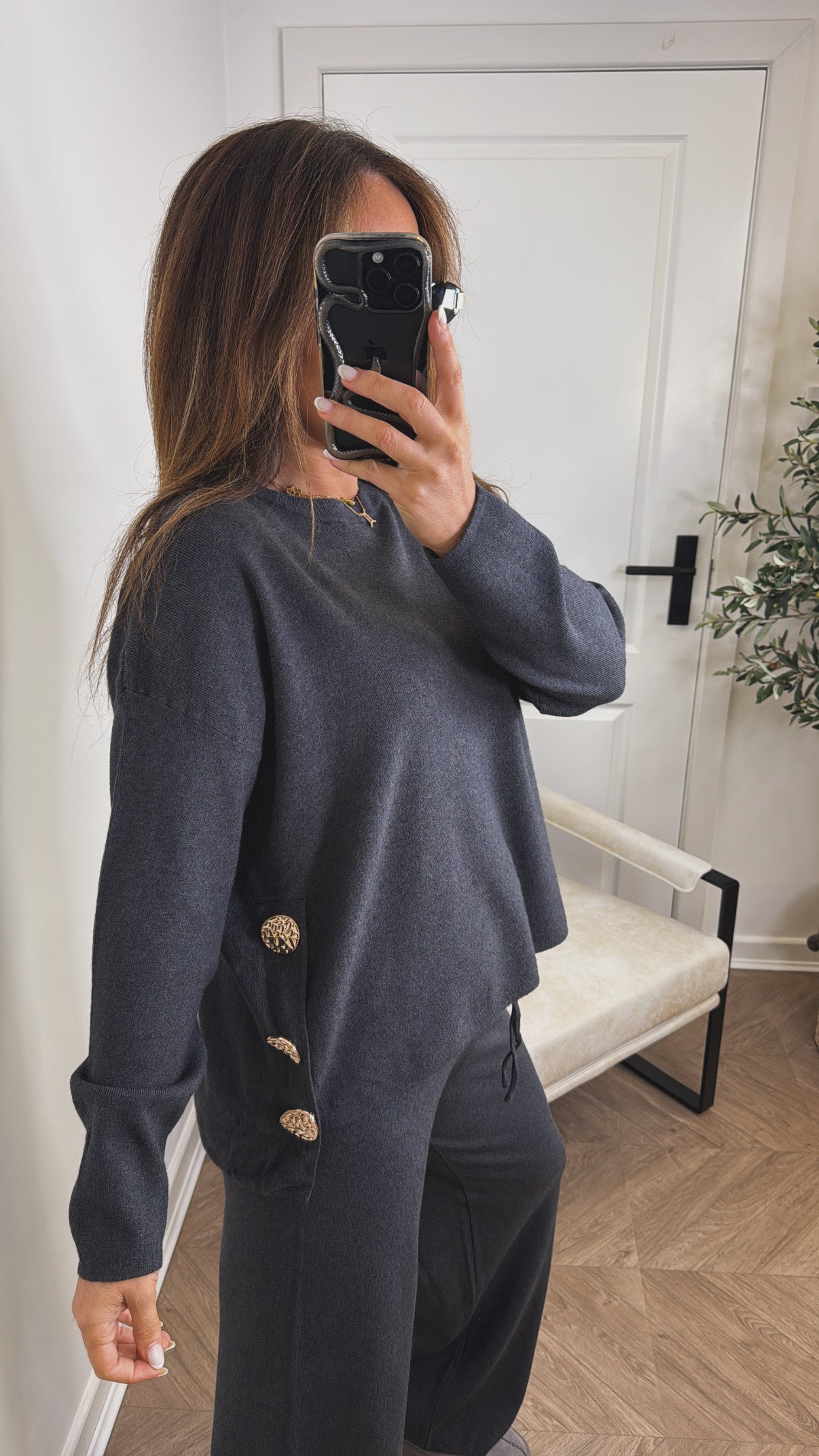 HARPER charcoal top and trousers knitted lounge set