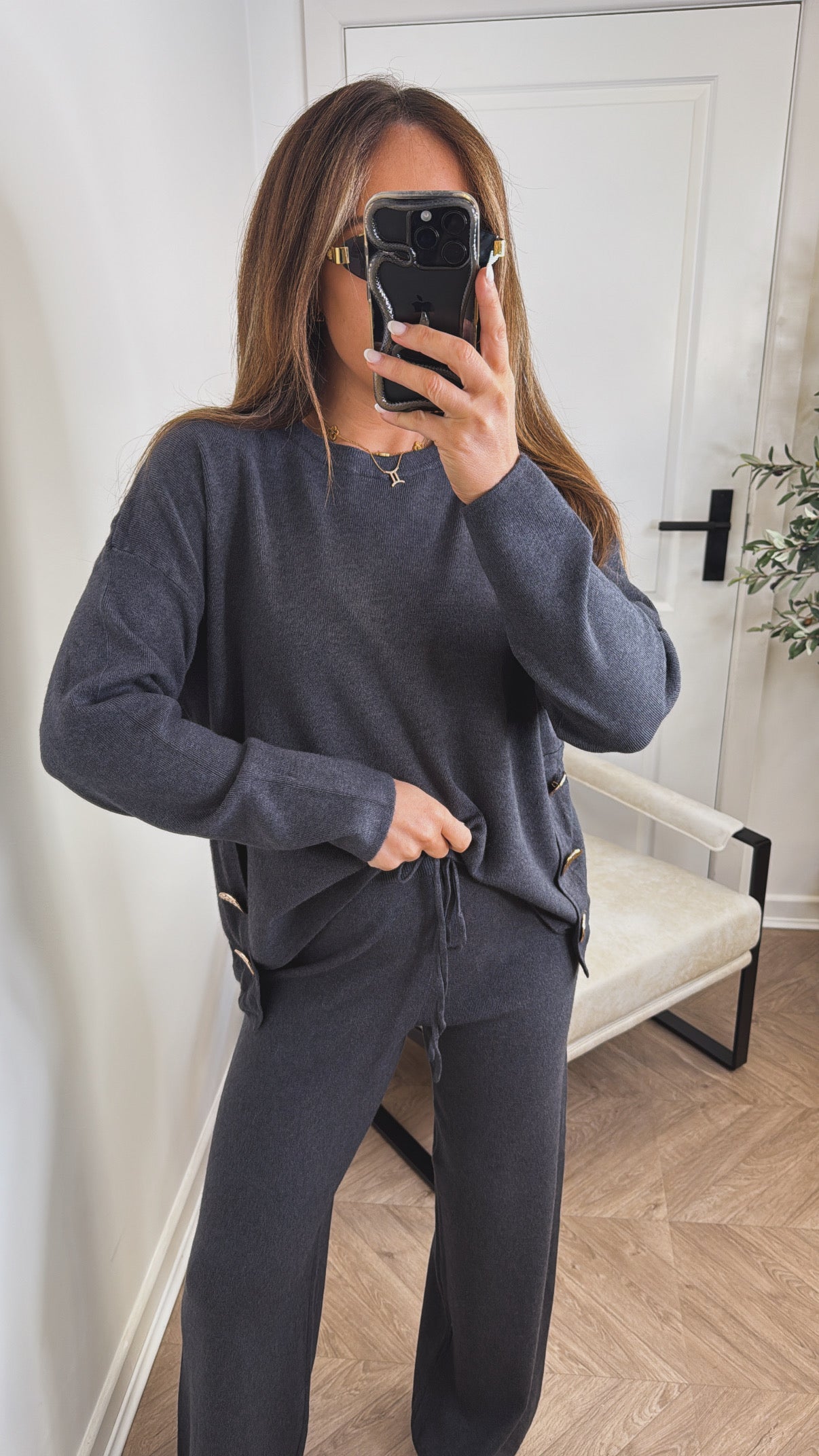 HARPER charcoal top and trousers knitted lounge set
