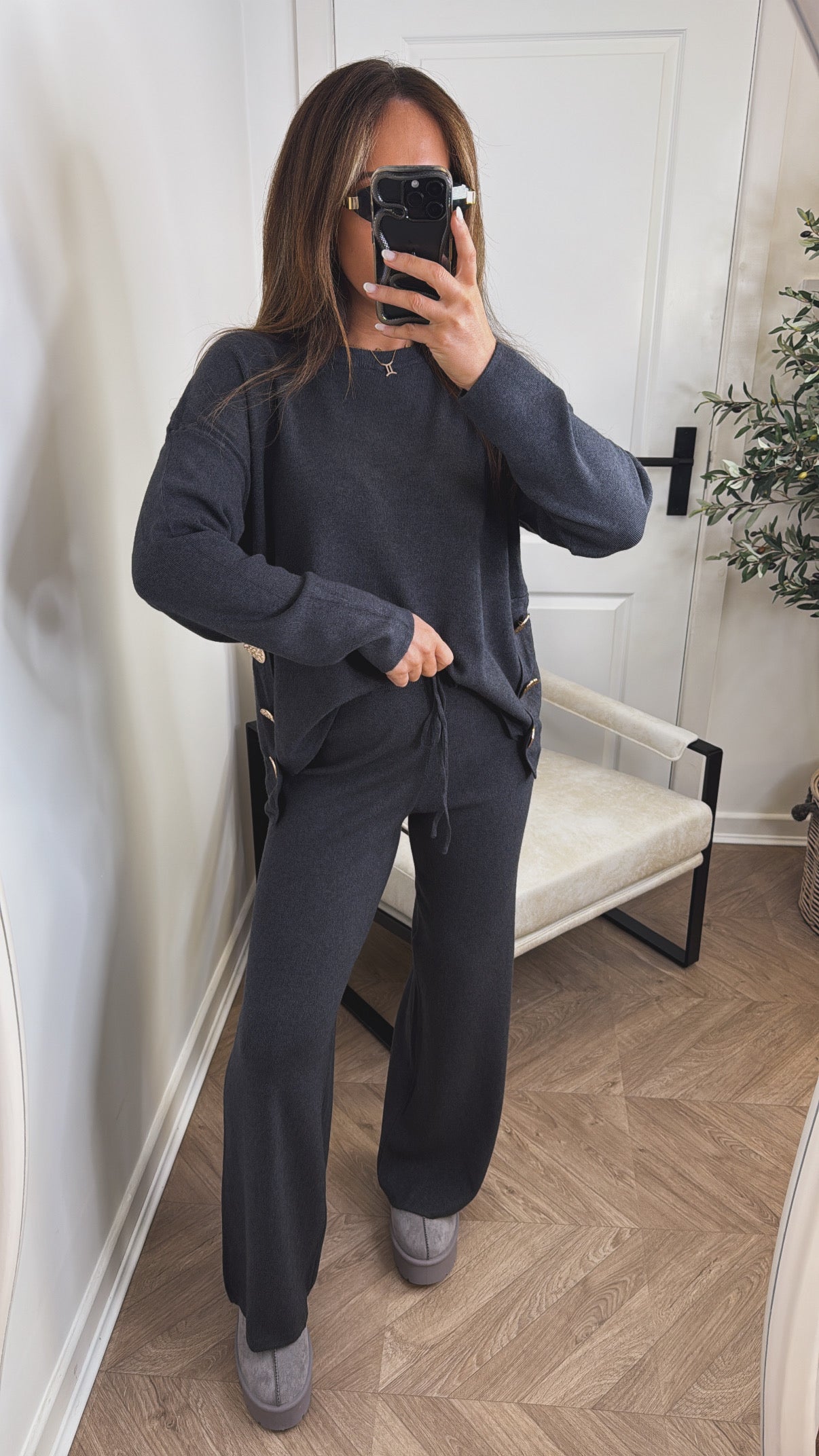 HARPER charcoal top and trousers knitted lounge set