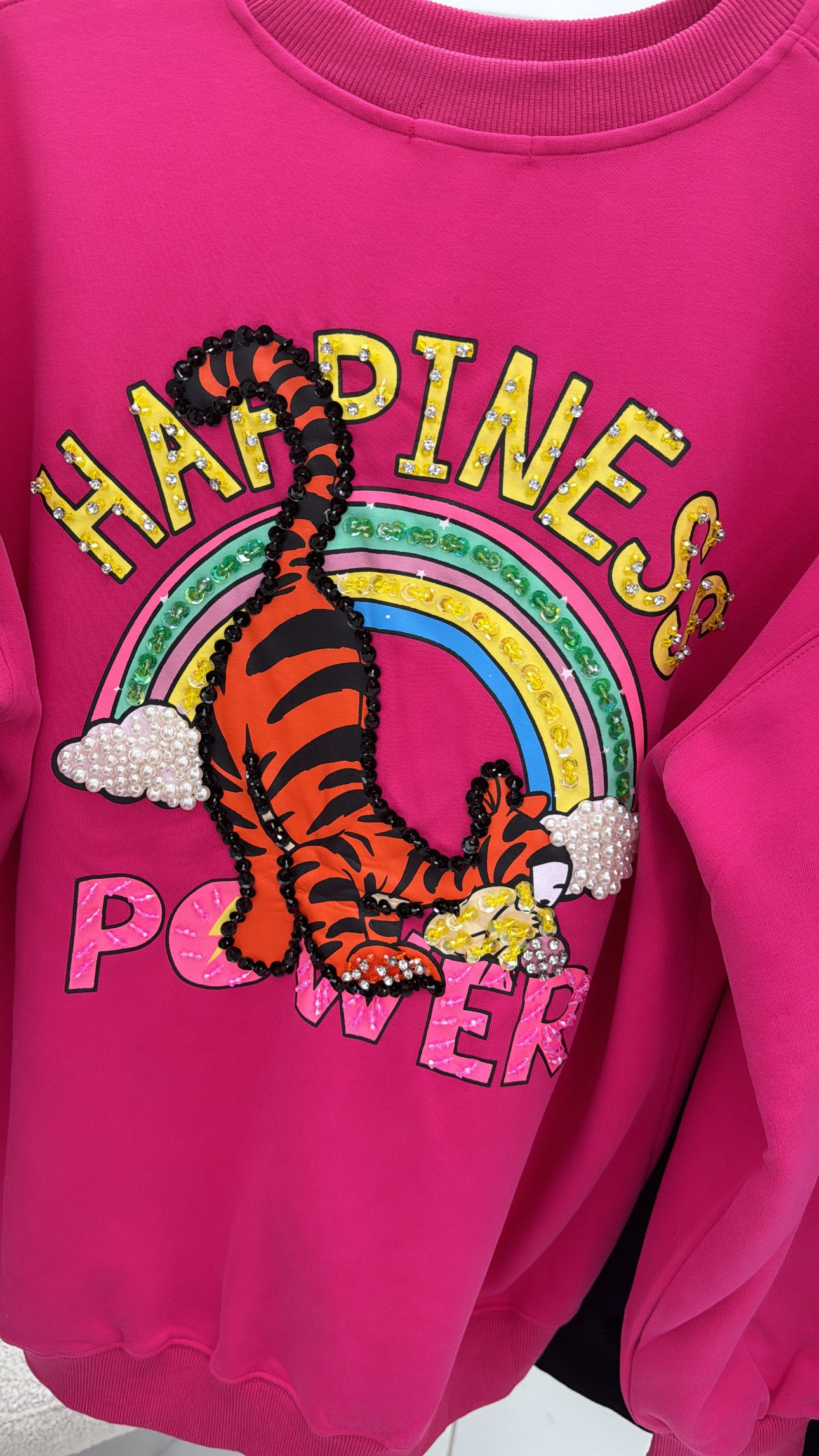 HARPER pink sweatshirt with happiness and power rainbow slogan