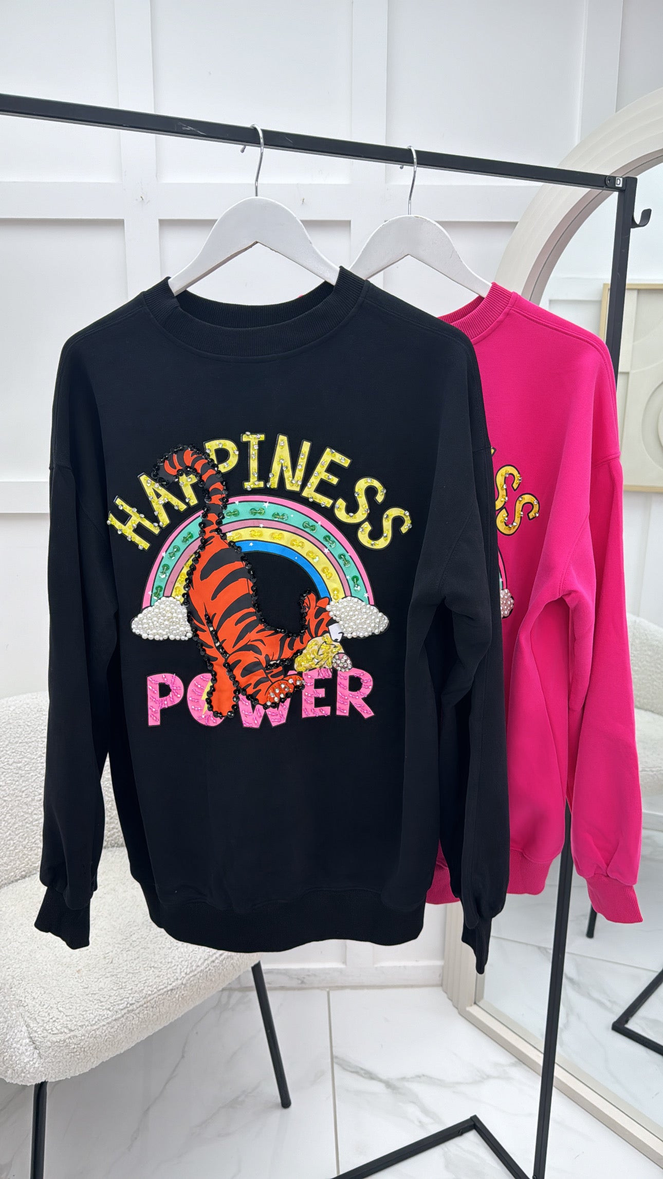 HARPER black sweatshirt with happiness and power rainbow slogan