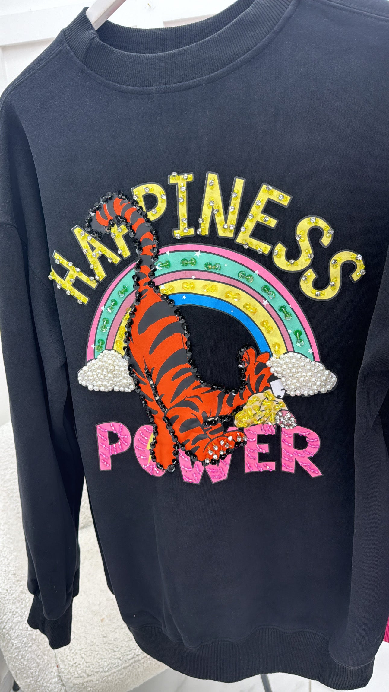 HARPER black sweatshirt with happiness and power rainbow slogan