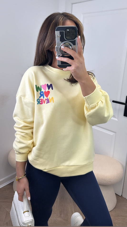 NOW OR NEVER yellow logo sweatshirt